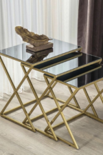 طقم طاولات خدمة ذهبي زجاج - الصورة 4