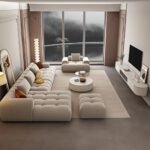 L-Shaped Set With Chairs And Beige Velvet Pouf