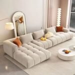L-Shaped Set With Chairs And Beige Velvet Pouf - Image 3