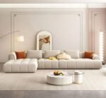 L-Shaped Set With Chairs And Beige Velvet Pouf - Image 2