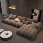 Rustic Beige Velvet L-Shaped Sofa - Image 2