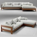 L-Shaped Sofa, Brown Wood, Beige Velvet - Image 2