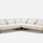 Corner Sofa, Beige Wood, Beige Linen, Off-White