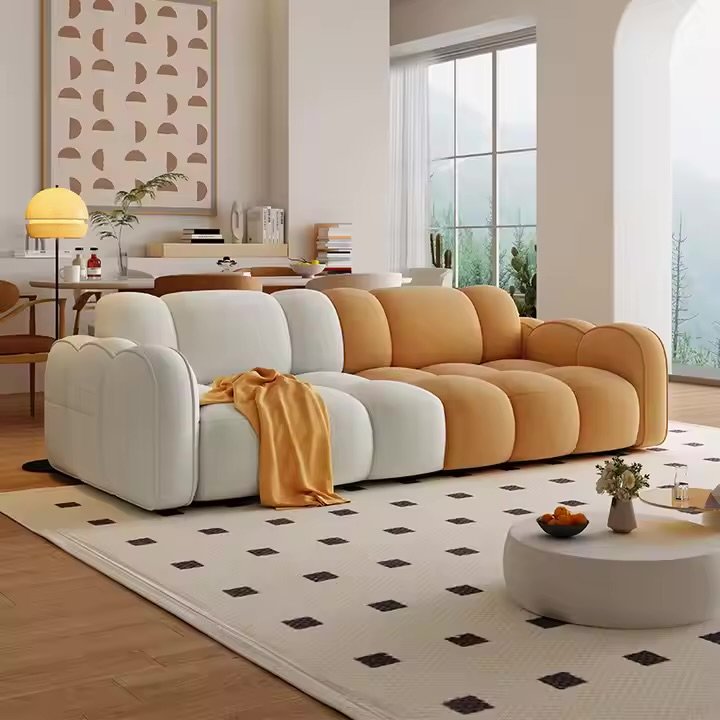 IMG_2388 Home Velvet Sofa In Orange And Beige - Image 1