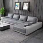 Luxurious L-Shaped Sofa In Gray And Beige Velvet