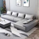 Luxurious L-Shaped Sofa In Beige And Gray Velvet