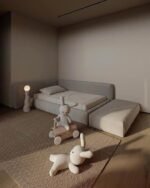 Lujain Beige Velvet Bed With Pouf