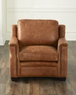 Champagne Brown Leather Chair With Pouf - Image 2