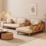 L-Shaped Sofa, Chalarone, Beige Velvet