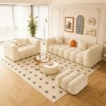 Velvet Beige Sofa Set With Pouf