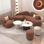 طقم كنب كلوني كتان بيج بني مع 2 بوف
