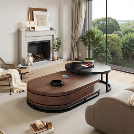 طاولة قهوة خشبية متعددة الوظائف بسطح زجاجي ومخزن جانبي