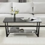 طاولة قهوة مستطيلة بسطح زجاجي وأرجل معدنية مع رف تخزين